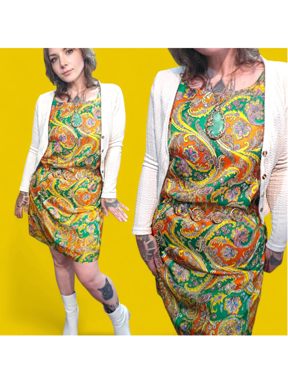 Vintage 1960s Psychedelic Paisley Print Satin Mod Shift Dress